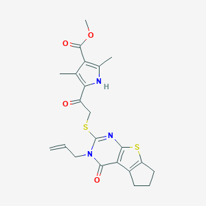 molecular formula C22H23N3O4S2 B381361 methyl 2,4-dimethyl-5-(2-{[12-oxo-11-(prop-2-en-1-yl)-7-thia-9,11-diazatricyclo[6.4.0.0^{2,6}]dodeca-1(8),2(6),9-trien-10-yl]sulfanyl}acetyl)-1H-pyrrole-3-carboxylate CAS No. 315710-58-8