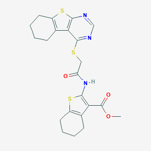 molecular formula C22H23N3O3S3 B381365 Methyl 2-[[2-(5,6,7,8-tetrahydro-[1]benzothiolo[2,3-d]pyrimidin-4-ylsulfanyl)acetyl]amino]-4,5,6,7-tetrahydro-1-benzothiophene-3-carboxylate CAS No. 385401-58-1