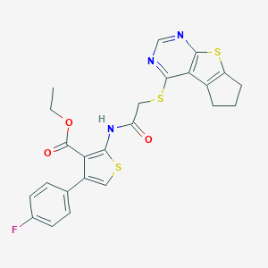 molecular formula C24H20FN3O3S3 B381388 ethyl 2-(2-((6,7-dihydro-5H-cyclopenta[4,5]thieno[2,3-d]pyrimidin-4-yl)thio)acetamido)-4-(4-fluorophenyl)thiophene-3-carboxylate CAS No. 315711-35-4