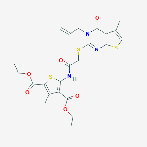 molecular formula C24H27N3O6S3 B381393 Diethyl 5-({[(3-allyl-5,6-dimethyl-4-oxo-3,4-dihydrothieno[2,3-d]pyrimidin-2-yl)sulfanyl]acetyl}amino)-3-methyl-2,4-thiophenedicarboxylate 