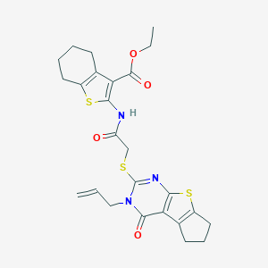 molecular formula C25H27N3O4S3 B381398 ethyl 2-({[(3-allyl-4-oxo-3,5,6,7-tetrahydro-4H-cyclopenta[4,5]thieno[2,3-d]pyrimidin-2-yl)sulfanyl]acetyl}amino)-4,5,6,7-tetrahydro-1-benzothiophene-3-carboxylate 