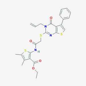 molecular formula C26H25N3O4S3 B381401 ETHYL 4,5-DIMETHYL-2-(2-{[4-OXO-5-PHENYL-3-(PROP-2-EN-1-YL)-3H,4H-THIENO[2,3-D]PYRIMIDIN-2-YL]SULFANYL}ACETAMIDO)THIOPHENE-3-CARBOXYLATE 