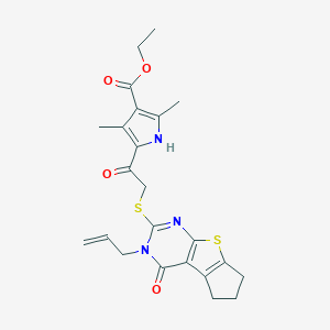molecular formula C23H25N3O4S2 B381406 ethyl 5-{[(3-allyl-4-oxo-3,5,6,7-tetrahydro-4H-cyclopenta[4,5]thieno[2,3-d]pyrimidin-2-yl)sulfanyl]acetyl}-2,4-dimethyl-1H-pyrrole-3-carboxylate CAS No. 315710-57-7
