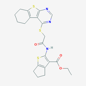 molecular formula C22H23N3O3S3 B381407 ethyl 2-{[(5,6,7,8-tetrahydro[1]benzothieno[2,3-d]pyrimidin-4-ylsulfanyl)acetyl]amino}-5,6-dihydro-4H-cyclopenta[b]thiophene-3-carboxylate 