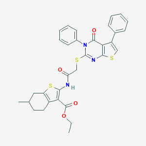 molecular formula C32H29N3O4S3 B381431 ethyl 6-methyl-2-({[(4-oxo-3,5-diphenyl-3,4-dihydrothieno[2,3-d]pyrimidin-2-yl)thio]acetyl}amino)-4,5,6,7-tetrahydro-1-benzothiophene-3-carboxylate 