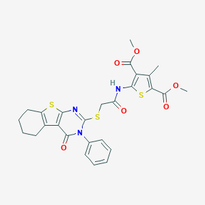 molecular formula C27H25N3O6S3 B381439 DIMETHYL 3-METHYL-5-({2-[(4-OXO-3-PHENYL-3,4,5,6,7,8-HEXAHYDRO[1]BENZOTHIENO[2,3-D]PYRIMIDIN-2-YL)SULFANYL]ACETYL}AMINO)-2,4-THIOPHENEDICARBOXYLATE 