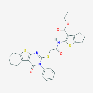 molecular formula C28H27N3O4S3 B381446 ethyl 2-({[(4-oxo-3-phenyl-3,4,5,6,7,8-hexahydro[1]benzothieno[2,3-d]pyrimidin-2-yl)sulfanyl]acetyl}amino)-5,6-dihydro-4H-cyclopenta[b]thiophene-3-carboxylate 