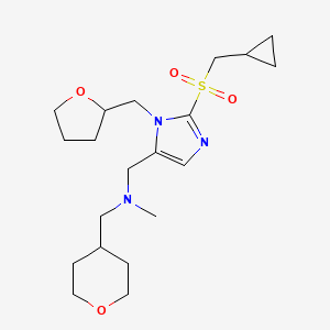 molecular formula C20H33N3O4S B3814906 N-[[2-(cyclopropylmethylsulfonyl)-3-(oxolan-2-ylmethyl)imidazol-4-yl]methyl]-N-methyl-1-(oxan-4-yl)methanamine 