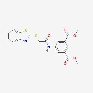 molecular formula C21H20N2O5S2 B381499 1,3-DIETHYL 5-[2-(1,3-BENZOTHIAZOL-2-YLSULFANYL)ACETAMIDO]BENZENE-1,3-DICARBOXYLATE 