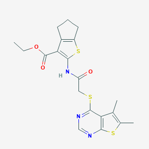 molecular formula C20H21N3O3S3 B381501 ethyl 2-({[(5,6-dimethylthieno[2,3-d]pyrimidin-4-yl)sulfanyl]acetyl}amino)-5,6-dihydro-4H-cyclopenta[b]thiophene-3-carboxylate 