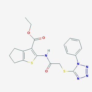 molecular formula C19H19N5O3S2 B381513 ETHYL 2-({2-[(1-PHENYL-1H-1,2,3,4-TETRAAZOL-5-YL)SULFANYL]ACETYL}AMINO)-5,6-DIHYDRO-4H-CYCLOPENTA[B]THIOPHENE-3-CARBOXYLATE 