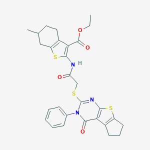 ethyl 6-methyl-2-({[(4-oxo-3-phenyl-3,5,6,7-tetrahydro-4H-cyclopenta[4,5]thieno[2,3-d]pyrimidin-2-yl)sulfanyl]acetyl}amino)-4,5,6,7-tetrahydro-1-benzothiophene-3-carboxylate