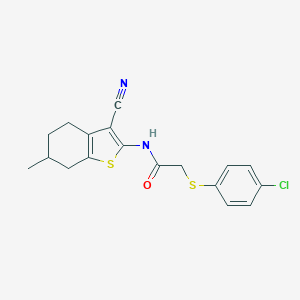 molecular formula C18H17ClN2OS2 B381584 2-[(4-chlorophenyl)sulfanyl]-N-(3-cyano-6-methyl-4,5,6,7-tetrahydro-1-benzothien-2-yl)acetamide 