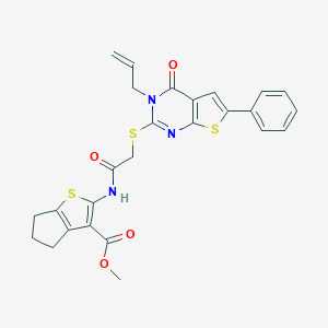 molecular formula C26H23N3O4S3 B381651 methyl 2-({[(3-allyl-4-oxo-6-phenyl-3,4-dihydrothieno[2,3-d]pyrimidin-2-yl)sulfanyl]acetyl}amino)-5,6-dihydro-4H-cyclopenta[b]thiophene-3-carboxylate 