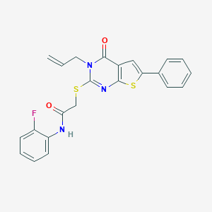 molecular formula C23H18FN3O2S2 B381653 N-(2-fluorophenyl)-2-(4-oxo-6-phenyl-3-prop-2-enylthieno[2,3-d]pyrimidin-2-yl)sulfanylacetamide 