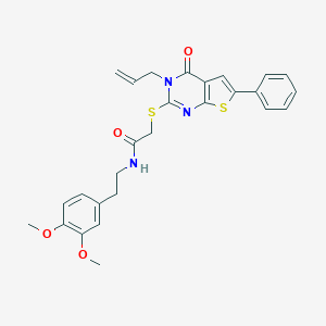 molecular formula C27H27N3O4S2 B381664 N-[2-(3,4-DIMETHOXYPHENYL)ETHYL]-2-{[4-OXO-6-PHENYL-3-(PROP-2-EN-1-YL)-3H,4H-THIENO[2,3-D]PYRIMIDIN-2-YL]SULFANYL}ACETAMIDE 