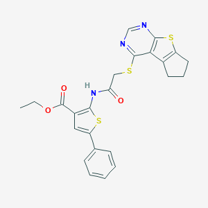molecular formula C24H21N3O3S3 B381670 ethyl 2-{[(6,7-dihydro-5H-cyclopenta[4,5]thieno[2,3-d]pyrimidin-4-ylsulfanyl)acetyl]amino}-5-phenyl-3-thiophenecarboxylate 