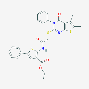 molecular formula C29H25N3O4S3 B381671 Ethyl 2-({[(5,6-dimethyl-4-oxo-3-phenyl-3,4-dihydrothieno[2,3-d]pyrimidin-2-yl)sulfanyl]acetyl}amino)-5-phenyl-3-thiophenecarboxylate 