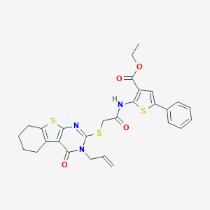 molecular formula C28H27N3O4S3 B381672 Ethyl 2-({[(3-allyl-4-oxo-3,4,5,6,7,8-hexahydro[1]benzothieno[2,3-d]pyrimidin-2-yl)sulfanyl]acetyl}amino)-5-phenyl-3-thiophenecarboxylate 
