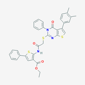 molecular formula C35H29N3O4S3 B381675 Ethyl 2-[({[5-(3,4-dimethylphenyl)-4-oxo-3-phenyl-3,4-dihydrothieno[2,3-d]pyrimidin-2-yl]sulfanyl}acetyl)amino]-5-phenyl-3-thiophenecarboxylate 