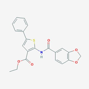 molecular formula C21H17NO5S B381678 Ethyl 2-[(1,3-benzodioxol-5-ylcarbonyl)amino]-5-phenyl-3-thiophenecarboxylate 