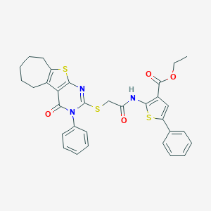 molecular formula C32H29N3O4S3 B381680 ethyl 2-({[(4-oxo-3-phenyl-3,5,6,7,8,9-hexahydro-4H-cyclohepta[4,5]thieno[2,3-d]pyrimidin-2-yl)sulfanyl]acetyl}amino)-5-phenyl-3-thiophenecarboxylate 