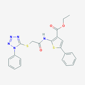 molecular formula C22H19N5O3S2 B381701 ethyl 5-phenyl-2-({[(1-phenyl-1H-tetraazol-5-yl)thio]acetyl}amino)-3-thiophenecarboxylate 