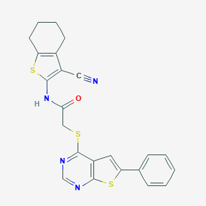 molecular formula C23H18N4OS3 B381730 N-(3-cyano-4,5,6,7-tetrahydro-1-benzothien-2-yl)-2-[(6-phenylthieno[2,3-d]pyrimidin-4-yl)sulfanyl]acetamide 