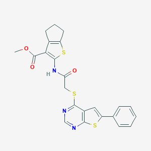 molecular formula C23H19N3O3S3 B381733 methyl 2-({[(6-phenylthieno[2,3-d]pyrimidin-4-yl)sulfanyl]acetyl}amino)-5,6-dihydro-4H-cyclopenta[b]thiophene-3-carboxylate 