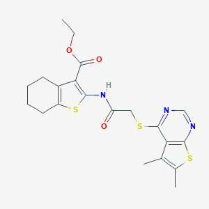 molecular formula C21H23N3O3S3 B381745 Ethyl 2-({[(5,6-dimethylthieno[2,3-d]pyrimidin-4-yl)sulfanyl]acetyl}amino)-4,5,6,7-tetrahydro-1-benzothiophene-3-carboxylate CAS No. 315683-48-8