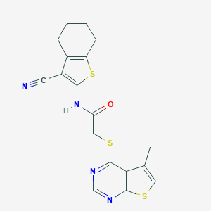 molecular formula C19H18N4OS3 B381747 N-(3-cyano-4,5,6,7-tetrahydro-1-benzothiophen-2-yl)-2-(5,6-dimethylthieno[2,3-d]pyrimidin-4-yl)sulfanylacetamide CAS No. 315683-54-6