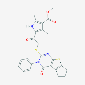molecular formula C25H23N3O4S2 B381757 methyl 2,4-dimethyl-5-{[(4-oxo-3-phenyl-3,5,6,7-tetrahydro-4H-cyclopenta[4,5]thieno[2,3-d]pyrimidin-2-yl)sulfanyl]acetyl}-1H-pyrrole-3-carboxylate 