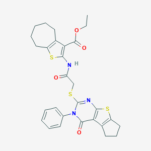 molecular formula C29H29N3O4S3 B381759 ethyl 2-({[(4-oxo-3-phenyl-3,5,6,7-tetrahydro-4H-cyclopenta[4,5]thieno[2,3-d]pyrimidin-2-yl)thio]acetyl}amino)-5,6,7,8-tetrahydro-4H-cyclohepta[b]thiophene-3-carboxylate CAS No. 315694-41-8