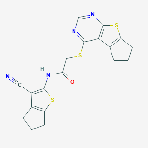 molecular formula C19H16N4OS3 B381781 N-(3-Cyano-5,6-dihydro-4H-cyclopenta[b]thiophen-2-yl)-2-(7-thia-9,11-diazatricyclo[6.4.0.02,6]dodeca-1(8),2(6),9,11-tetraen-12-ylsulfanyl)acetamide CAS No. 315694-61-2