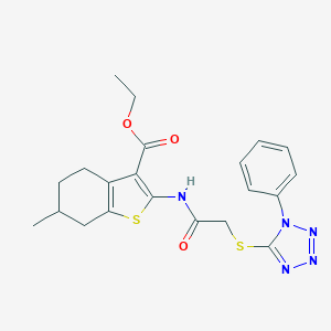 molecular formula C21H23N5O3S2 B381783 ethyl 6-methyl-2-({[(1-phenyl-1H-tetraazol-5-yl)sulfanyl]acetyl}amino)-4,5,6,7-tetrahydro-1-benzothiophene-3-carboxylate 