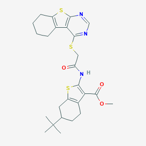 molecular formula C26H31N3O3S3 B381802 Methyl 6-tert-butyl-2-{[(5,6,7,8-tetrahydro[1]benzothieno[2,3-d]pyrimidin-4-ylsulfanyl)acetyl]amino}-4,5,6,7-tetrahydro-1-benzothiophene-3-carboxylate 
