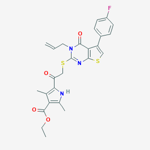 molecular formula C26H24FN3O4S2 B381813 ethyl 5-({[3-allyl-5-(4-fluorophenyl)-4-oxo-3,4-dihydrothieno[2,3-d]pyrimidin-2-yl]sulfanyl}acetyl)-2,4-dimethyl-1H-pyrrole-3-carboxylate 