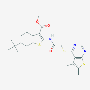 molecular formula C24H29N3O3S3 B381818 Methyl 6-tert-butyl-2-({[(5,6-dimethylthieno[2,3-d]pyrimidin-4-yl)sulfanyl]acetyl}amino)-4,5,6,7-tetrahydro-1-benzothiophene-3-carboxylate 