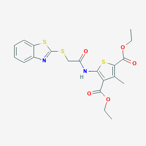 molecular formula C20H20N2O5S3 B382099 Diethyl 5-{[(1,3-benzothiazol-2-ylsulfanyl)acetyl]amino}-3-methyl-2,4-thiophenedicarboxylate 