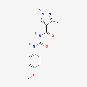 molecular formula C14H16N4O3 B3821853 N-[(4-methoxyphenyl)carbamoyl]-1,3-dimethylpyrazole-4-carboxamide 