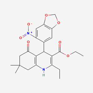 molecular formula C23H26N2O7 B3822354 Ethyl 2-ethyl-7,7-dimethyl-4-(6-nitro-1,3-benzodioxol-5-yl)-5-oxo-1,4,5,6,7,8-hexahydroquinoline-3-carboxylate 