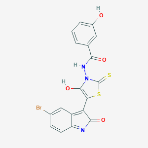 molecular formula C18H10BrN3O4S2 B382360 N-[(5Z)-5-(5-bromo-2-oxo-1,2-dihydro-3H-indol-3-ylidene)-4-oxo-2-thioxo-1,3-thiazolidin-3-yl]-3-hydroxybenzamide 