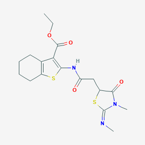 molecular formula C18H23N3O4S2 B382377 ETHYL 2-{2-[(2E)-3-METHYL-2-(METHYLIMINO)-4-OXO-1,3-THIAZOLIDIN-5-YL]ACETAMIDO}-4,5,6,7-TETRAHYDRO-1-BENZOTHIOPHENE-3-CARBOXYLATE CAS No. 314279-06-6