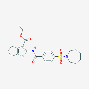 molecular formula C23H28N2O5S2 B382445 ethyl 2-{[4-(1-azepanylsulfonyl)benzoyl]amino}-5,6-dihydro-4H-cyclopenta[b]thiophene-3-carboxylate 