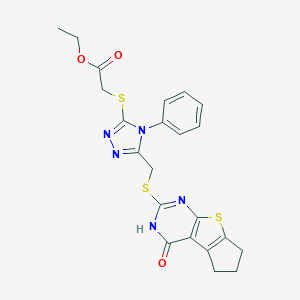 molecular formula C22H21N5O3S3 B382478 ethyl [(5-{[(4-oxo-3,5,6,7-tetrahydro-4H-cyclopenta[4,5]thieno[2,3-d]pyrimidin-2-yl)sulfanyl]methyl}-4-phenyl-4H-1,2,4-triazol-3-yl)sulfanyl]acetate CAS No. 308298-13-7