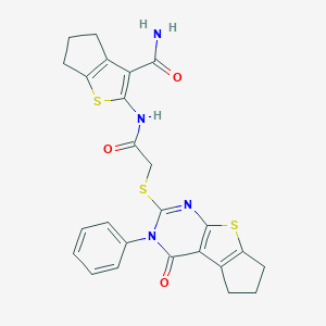 2-({[(4-oxo-3-phenyl-3,5,6,7-tetrahydro-4H-cyclopenta[4,5]thieno[2,3-d]pyrimidin-2-yl)sulfanyl]acetyl}amino)-5,6-dihydro-4H-cyclopenta[b]thiophene-3-carboxamide