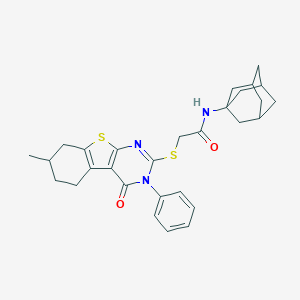 molecular formula C29H33N3O2S2 B382592 N-(ADAMANTAN-1-YL)-2-[(7-METHYL-4-OXO-3-PHENYL-3,4,5,6,7,8-HEXAHYDRO[1]BENZOTHIENO[2,3-D]PYRIMIDIN-2-YL)SULFANYL]ACETAMIDE 