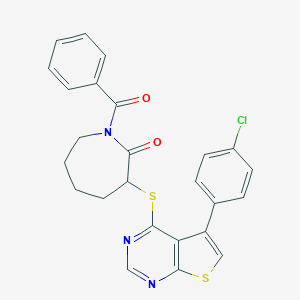 molecular formula C25H20ClN3O2S2 B382608 1-Benzoyl-3-{[5-(4-chlorophenyl)thieno[2,3-d]pyrimidin-4-yl]sulfanyl}azepan-2-one CAS No. 315709-70-7