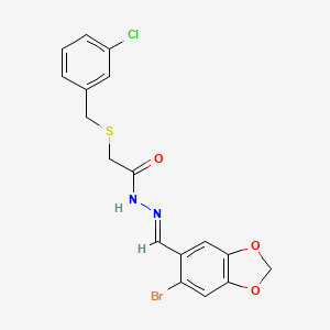 molecular formula C17H14BrClN2O3S B3826082 N-[(E)-(6-bromo-1,3-benzodioxol-5-yl)methylideneamino]-2-[(3-chlorophenyl)methylsulfanyl]acetamide 