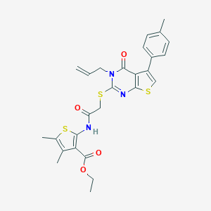 molecular formula C27H27N3O4S3 B382611 Ethyl 2-[({[3-allyl-5-(4-methylphenyl)-4-oxo-3,4-dihydrothieno[2,3-D]pyrimidin-2-YL]sulfanyl}acetyl)amino]-4,5-dimethyl-3-thiophenecarboxylate 